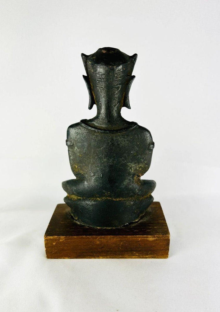 Bronze meditative Buddha statue mounted on wooden base, 18th–19th century Southeast Asia