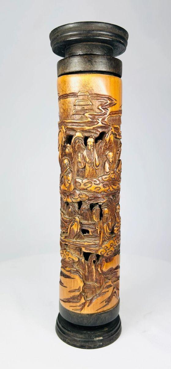 Detail of traditional Chinese relief carving on a 19th-century incense holder