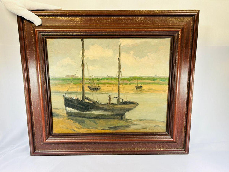 Early 20th century oil painting Bateaux – Boat signed by Jules Ribeaucourt