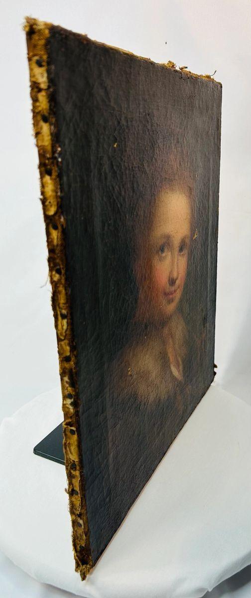 Oil portrait of a young woman in fur-trimmed clothing, late 18th to early 19th century Dutch or German school style, warm tones, visible craquelure on antique canvas.