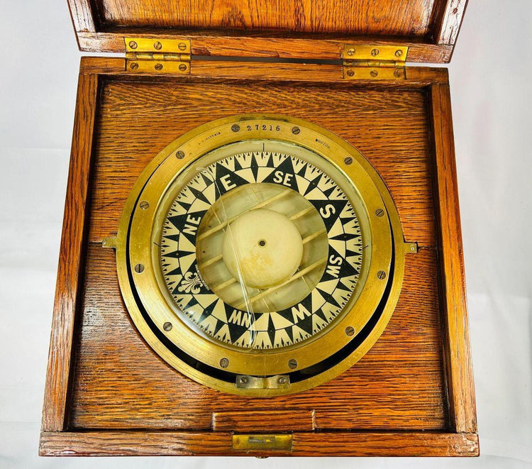Antique E.S. Ritchie brass marine compass in original oak case from yacht Argossy, circa 1925.