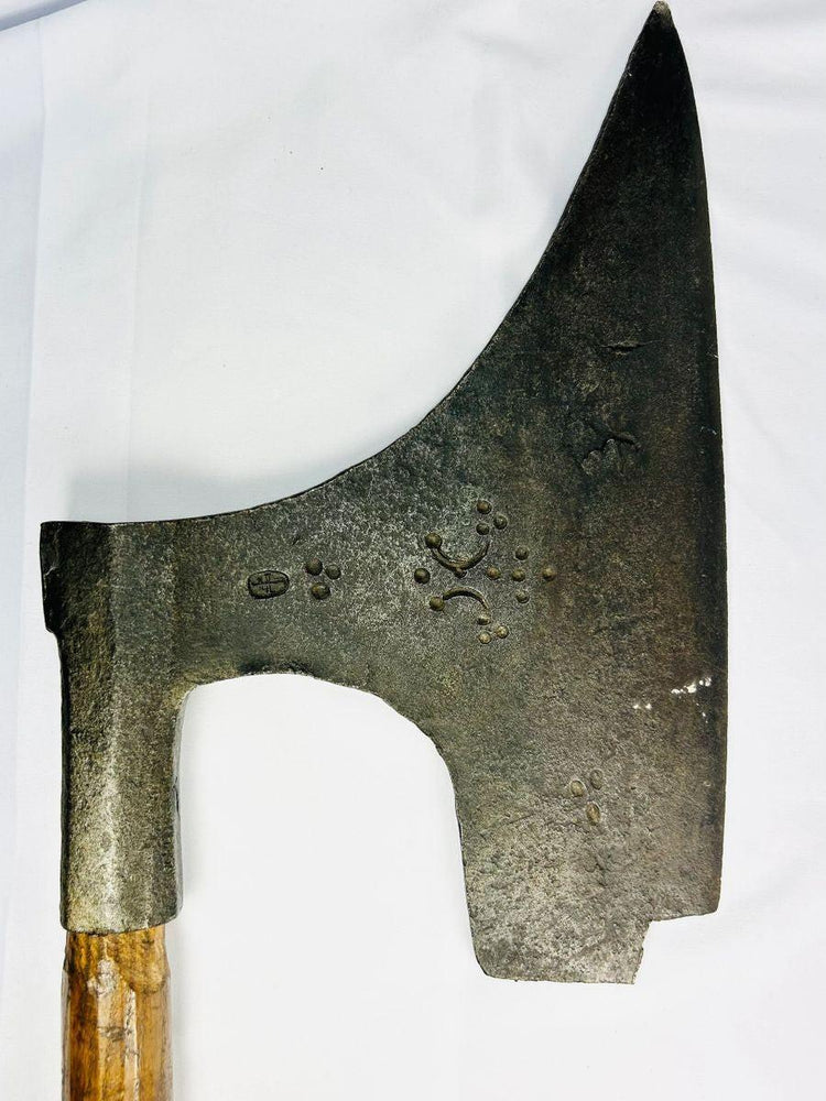 Historic European executioner’s axe with crescent and cartouche guild marks on forged iron blade.