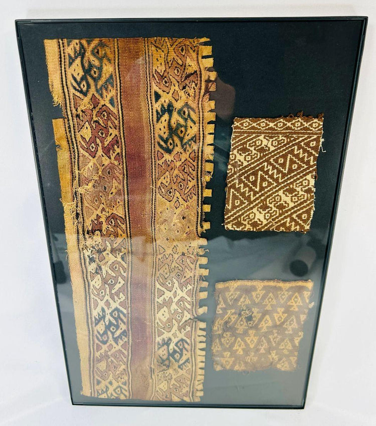 High-resolution image of three Chancay textile fragments featuring symbolic woven patterns.