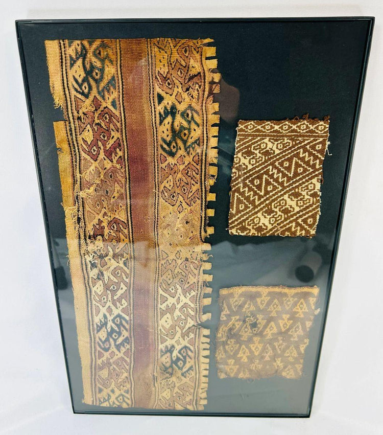 High-resolution image of three Chancay textile fragments featuring symbolic woven patterns.