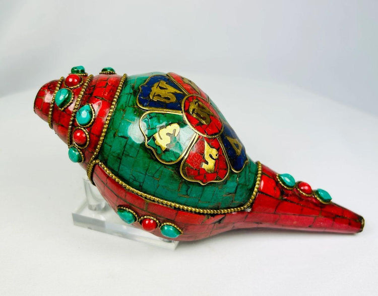 Tibetan ritual shell trumpet with colorful enamel and gilt bronze