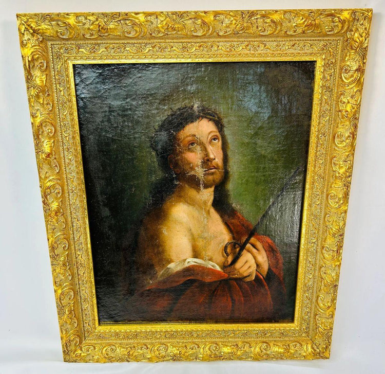 Devotional 18th century painting of Christ with Crown of Thorns, framed European religious art.