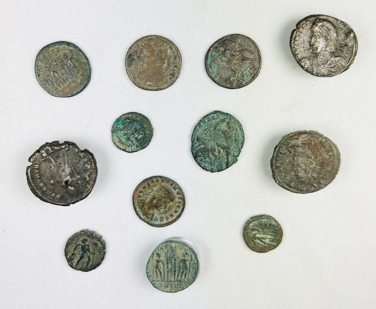 Roman Empire coin hoard with reverse imagery and patina