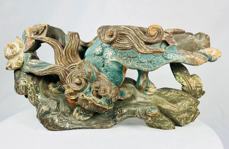 Detail of the mythical Qilin figure carved in wood during the Qing Dynasty
