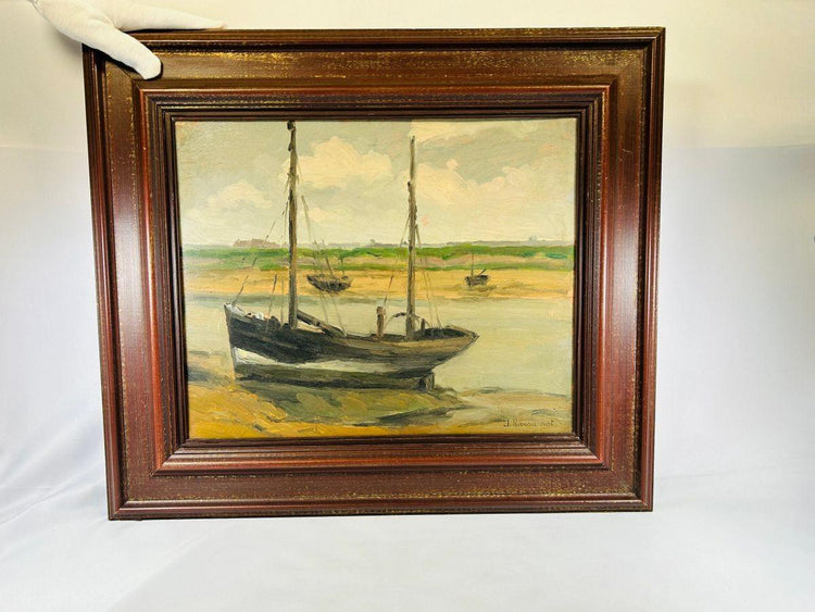 French impressionist maritime scene boats and harbor by Jules Ribeaucourt