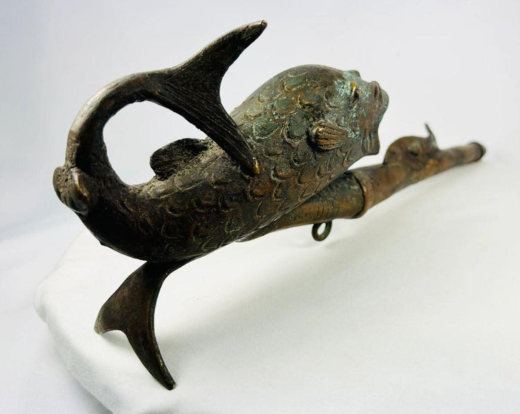 Cameroonian lost-wax cast bronze pipe in fish form with verdigris patina