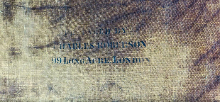 Charles Roberson supplier stamp on the canvas of “Happy Moments” by Edward John Cobbett R.B.A., 99 Long Acre, London, 19th-century British artist materials mark.