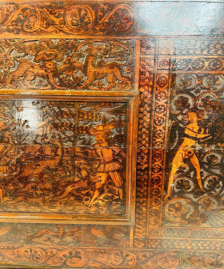 Historic 16th-century European wood panel with heraldic and hunting imagery, richly patinated and hand-carved.