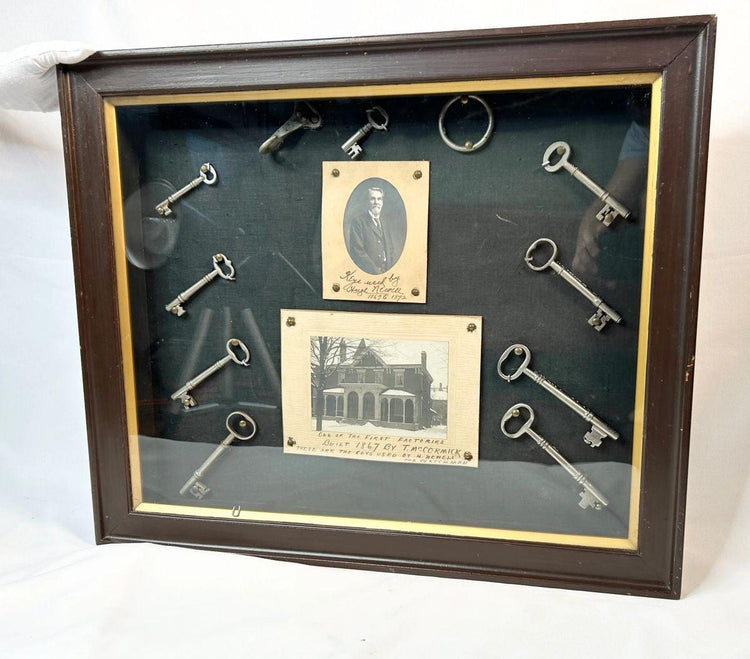 Framed 1800s key set and portrait of night watchman Hugh Newell