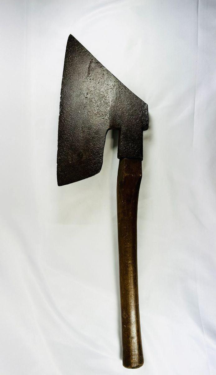 Historical forged iron axe leaf-shaped blade and tapered edge patina