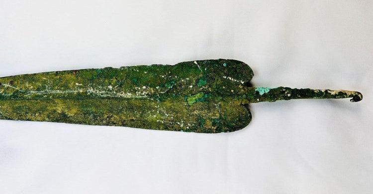 Antique bronze spear from Cyprus featuring finely crafted leaf-shaped blade