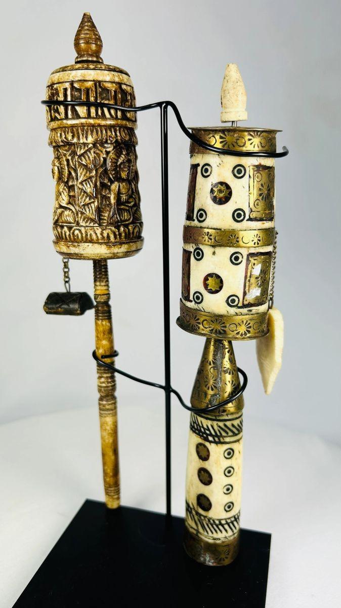 19th-century Tibetan prayer wheels made of bone brass and wood