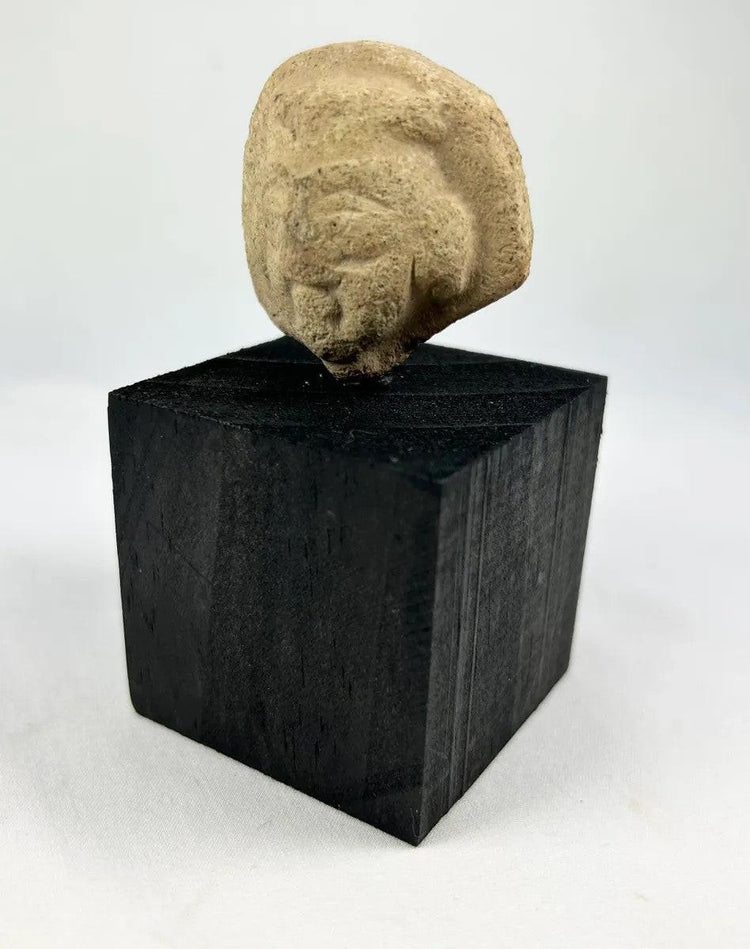 Front view of an ancient Near Eastern terracotta head fragment on display stand