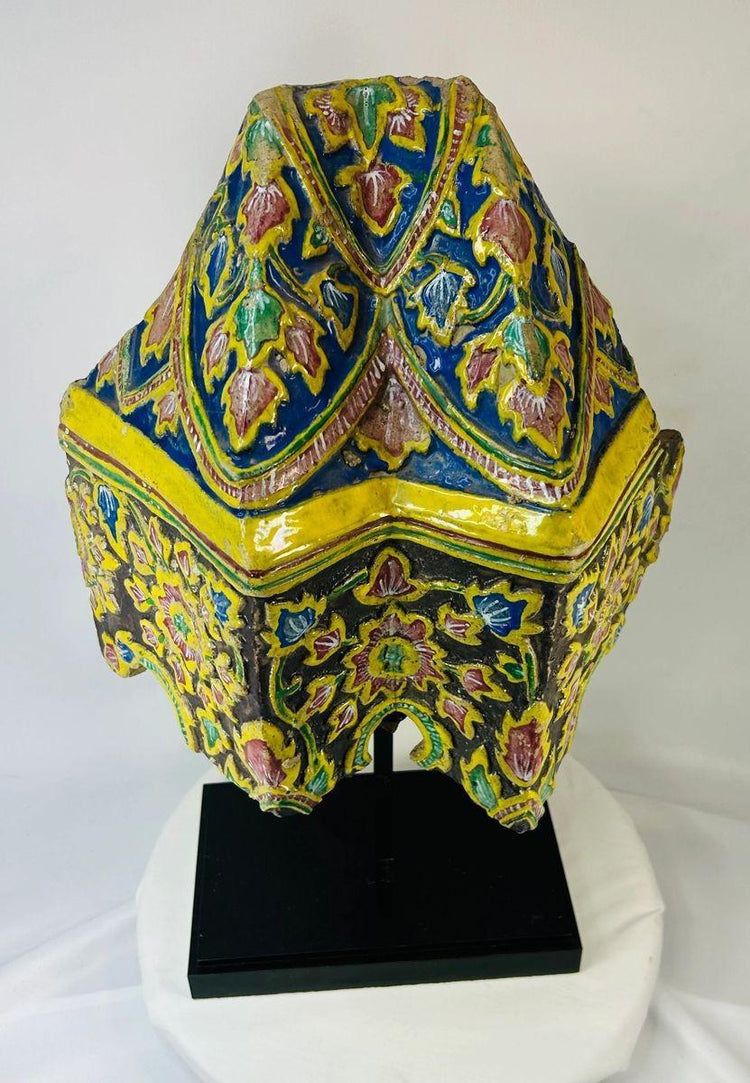 Antique Thai ceramic tile with multicolored glaze and decorative motifs
