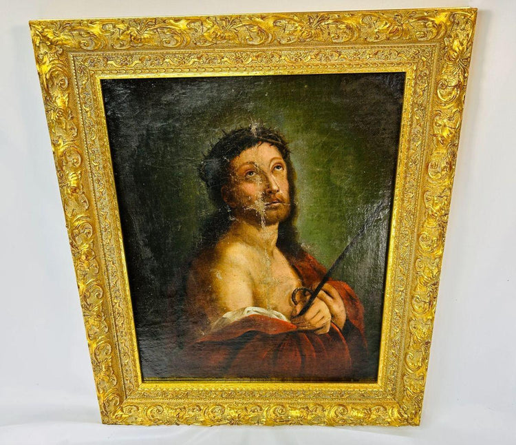 18th century European oil painting of Jesus Christ with Crown of Thorns in ornate gilt frame, antique devotional artwork.