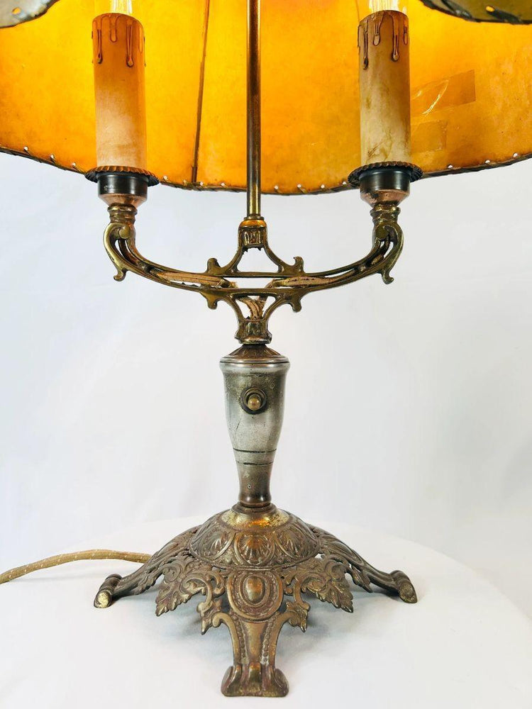 European interwar period table lamp with original painted shade and textile-wrapped wiring