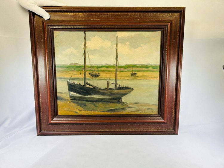 Signed oil on board painting Bateaux – Boat by Jules Ribeaucourt early 20th century