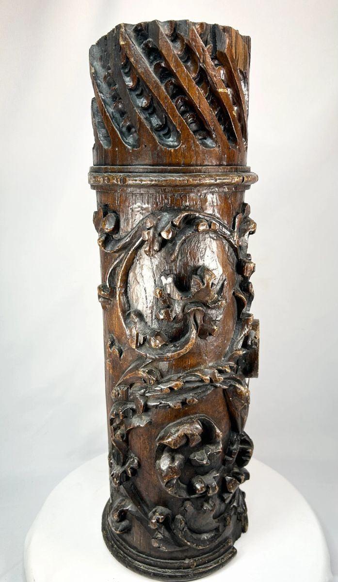 Close-up of Edo wood pillar section with intricate traditional carvings