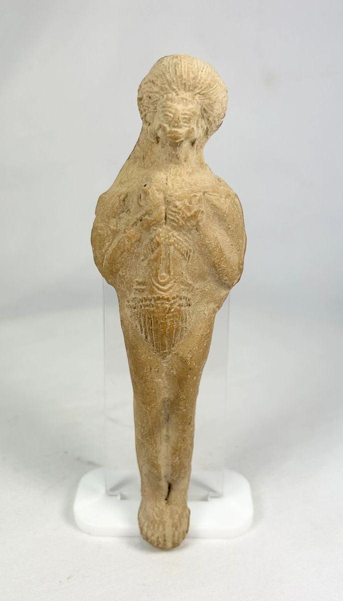 Front view of Roman terracotta votive figure symbolizing prosperity, protection, and fertility.
