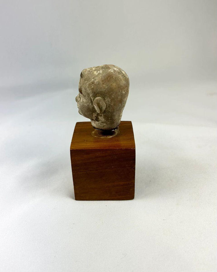 Angled view highlighting delicate classical features on ancient terracotta boy’s head.