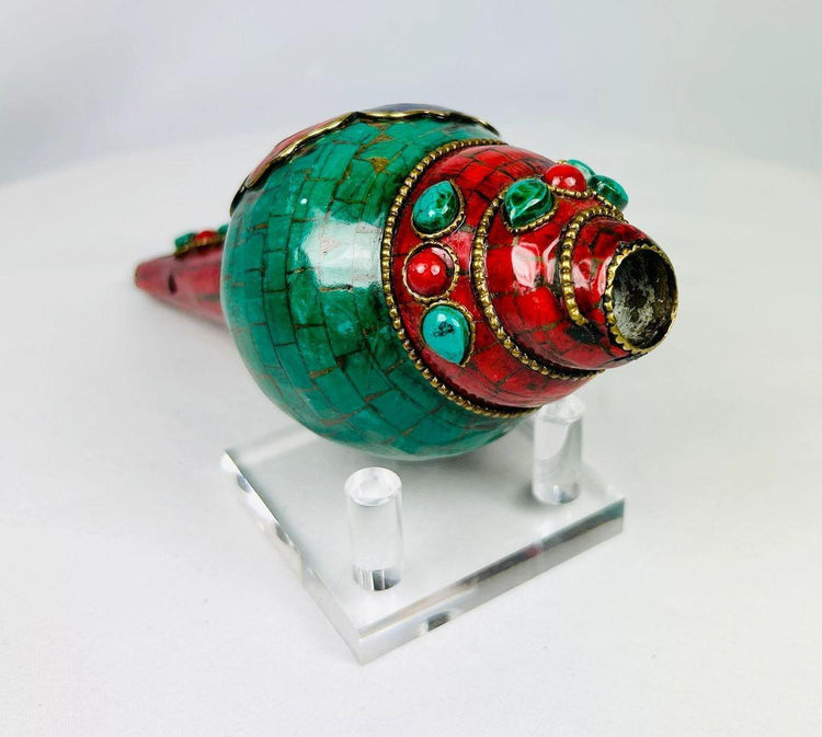 Qing Dynasty Tibetan conch trumpet with turquoise, coral, and enamel