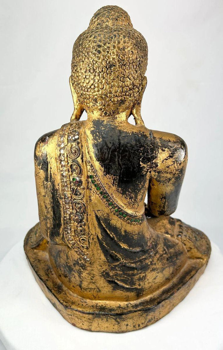 19th–Early 20th Century Thai Buddha Statue in Bhumisparsha Mudra — Hand-Carved Gilt Wooden Figure with Gemstone Inlays | Relic and Rarity