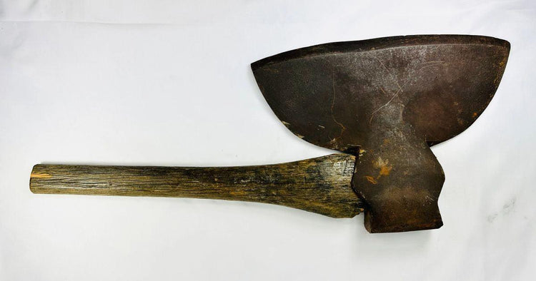 Vintage American broadhead axe, 19th-century frontier woodcutting tool, forged steel blade, wooden handle