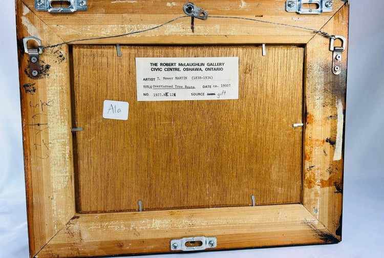 Verso view of painting showing wooden backing, gallery label from Robert McLaughlin Gallery, and deaccession markings.