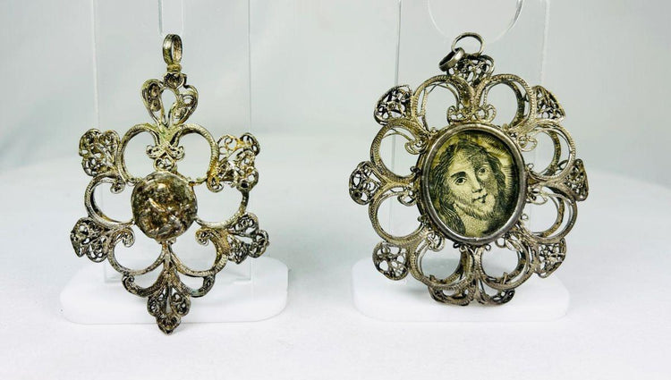 Antique European silver filigree religious pendant Christ medallion