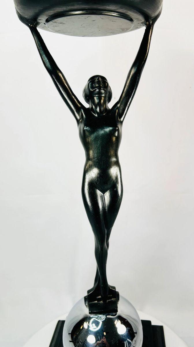 Patinated Art Deco Frankart smoking stand with sculptural nude figure