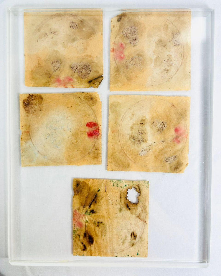 Rare set of five Tibetan yantra diagrams in red ink used for protection and divination