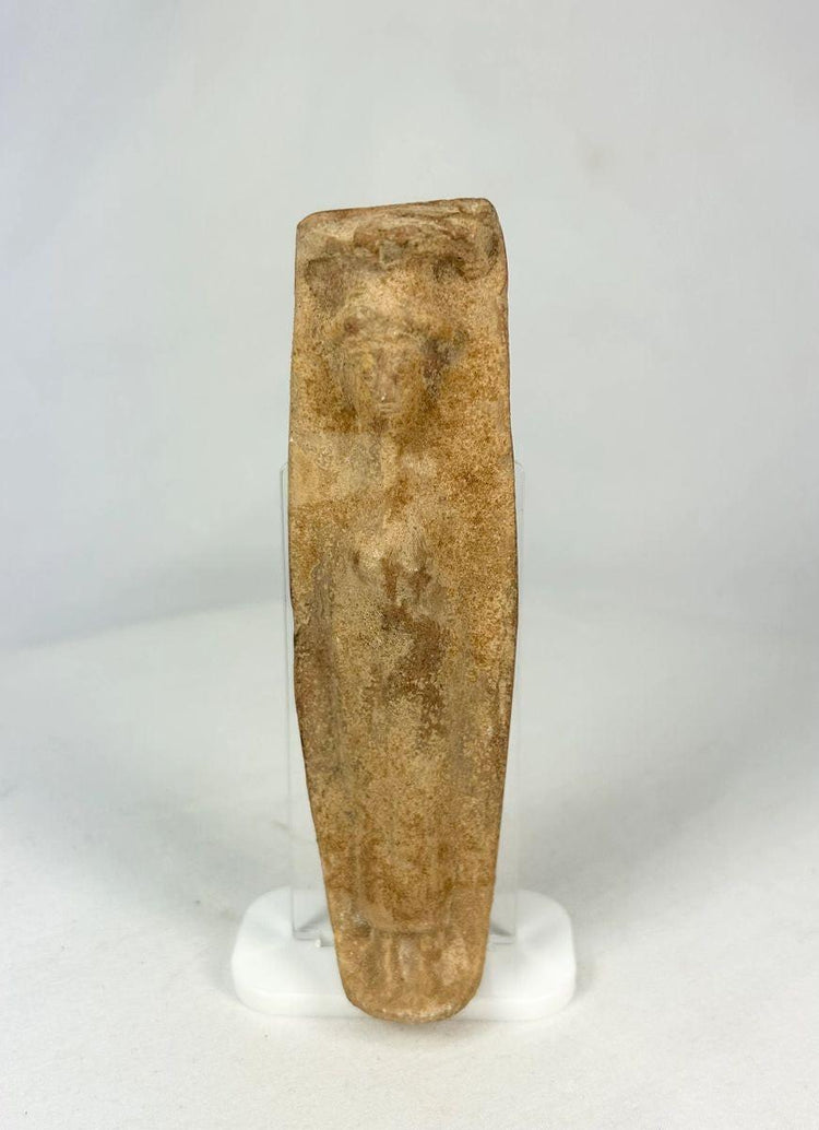 Front view of an Ancient Roman fertility pottery figure with stylized form