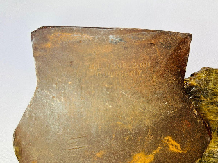 19th-century M.H. Jones & Co. broadhead axe, forged steel blade with wooden handle, New York woodcutting tool