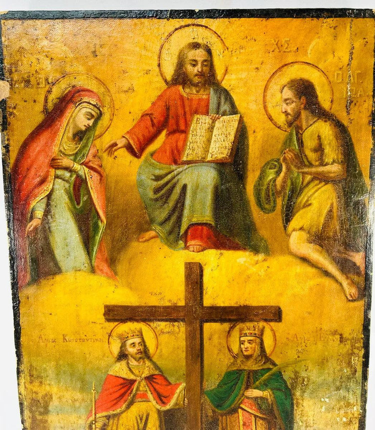 18th–19th century Orthodox icon showing Christ, Mary, and John the Baptist in Deësis above Saints Constantine and Helena with the True Cross