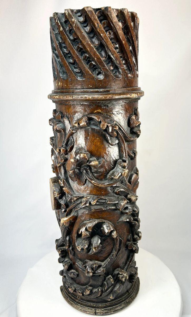 Hand-carved Edo-period wood pillar with decorative relief patterns