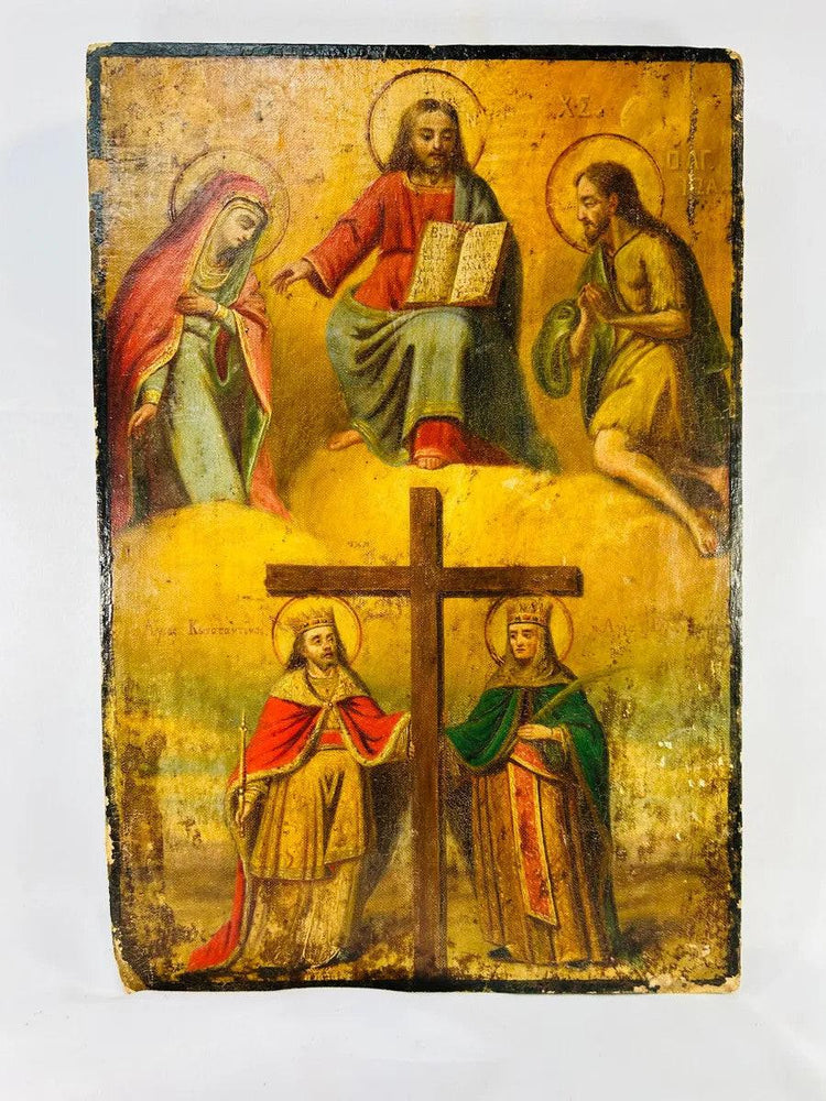 Antique Orthodox tempera icon with gilded background, Deësis composition, and lower scene of Constantine & Helena venerating the True Cross