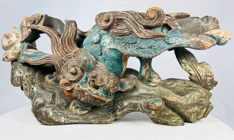 Antique Qing Dynasty wooden Qilin temple carving with traces of original polychrome pigment