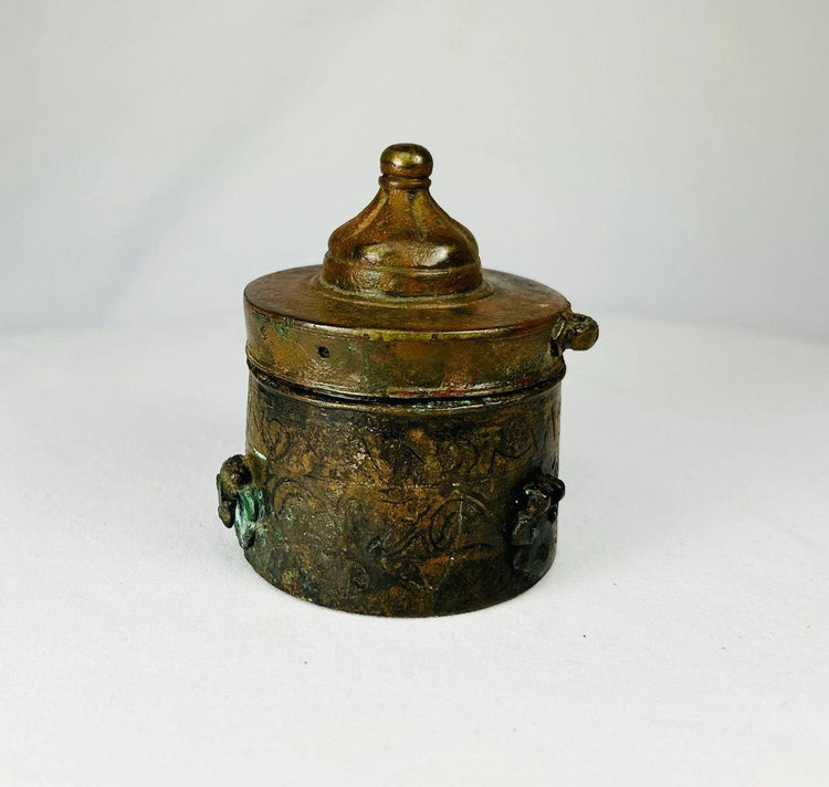 10th–12th century Khorassan bronze inkwell used by scholars, decorated with intricate Islamic metalwork