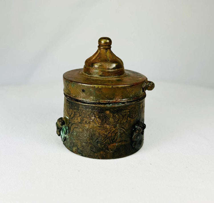 10th–12th century Khorassan bronze inkwell used by scholars, decorated with intricate Islamic metalwork