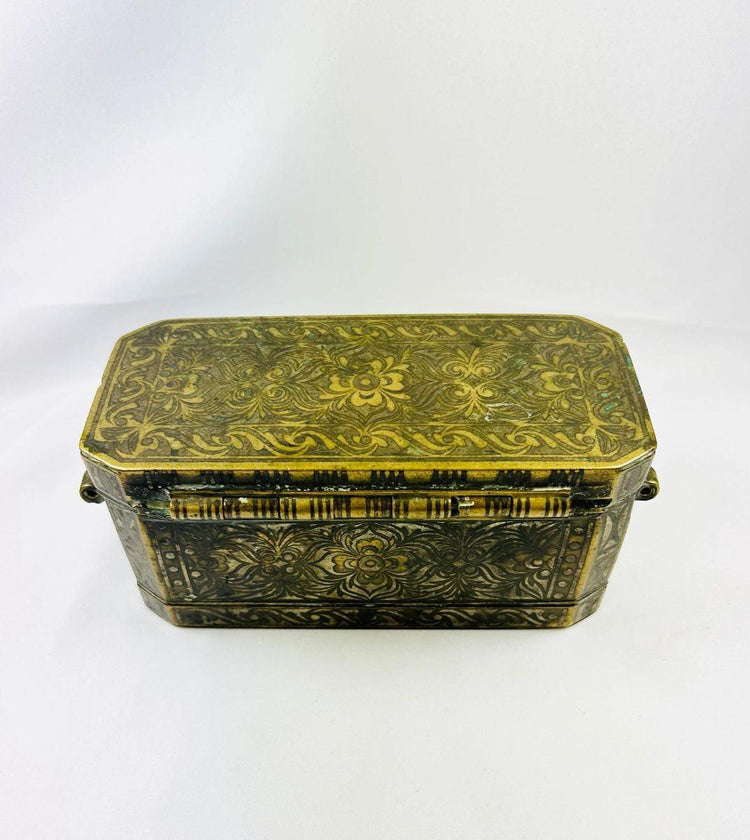 Southeast Asian betel box with brass and copper inlay hand-engraved floral motifs