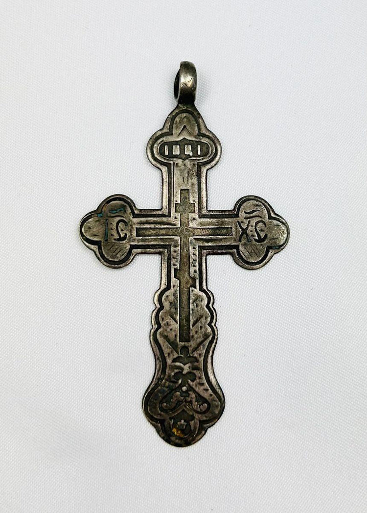 18th-century Russian Orthodox silver cross, IC XC engraving, compact devotional pendant with natural silver patina