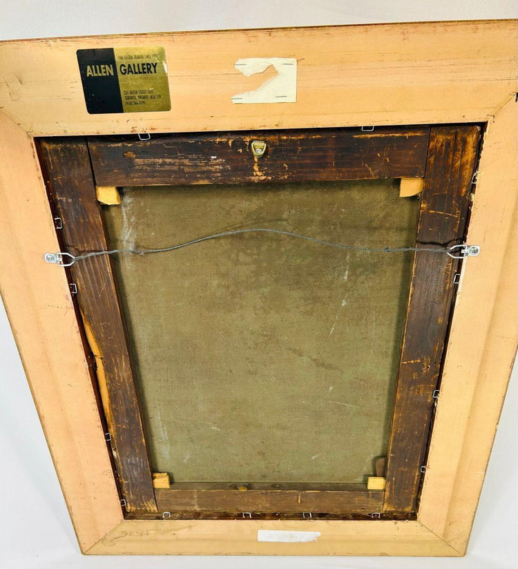 Back of antique religious oil painting with Allen Gallery label and aged wooden frame details.