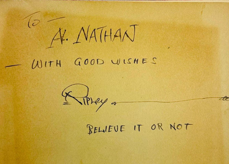 1929 first edition, 9th printing of Ripley’s Believe It or Not! hardcover book, signed by Robert Ripley with personal inscription to A. Nathan, featuring green cloth cover and red lettering.