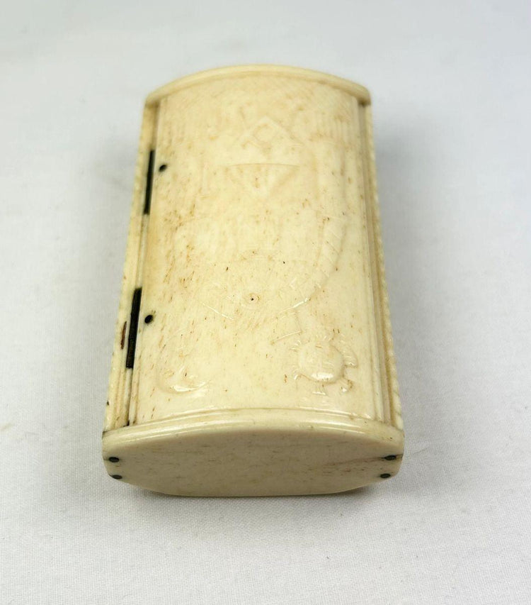 Antique French POW bone snuff box with carved Masonic emblems