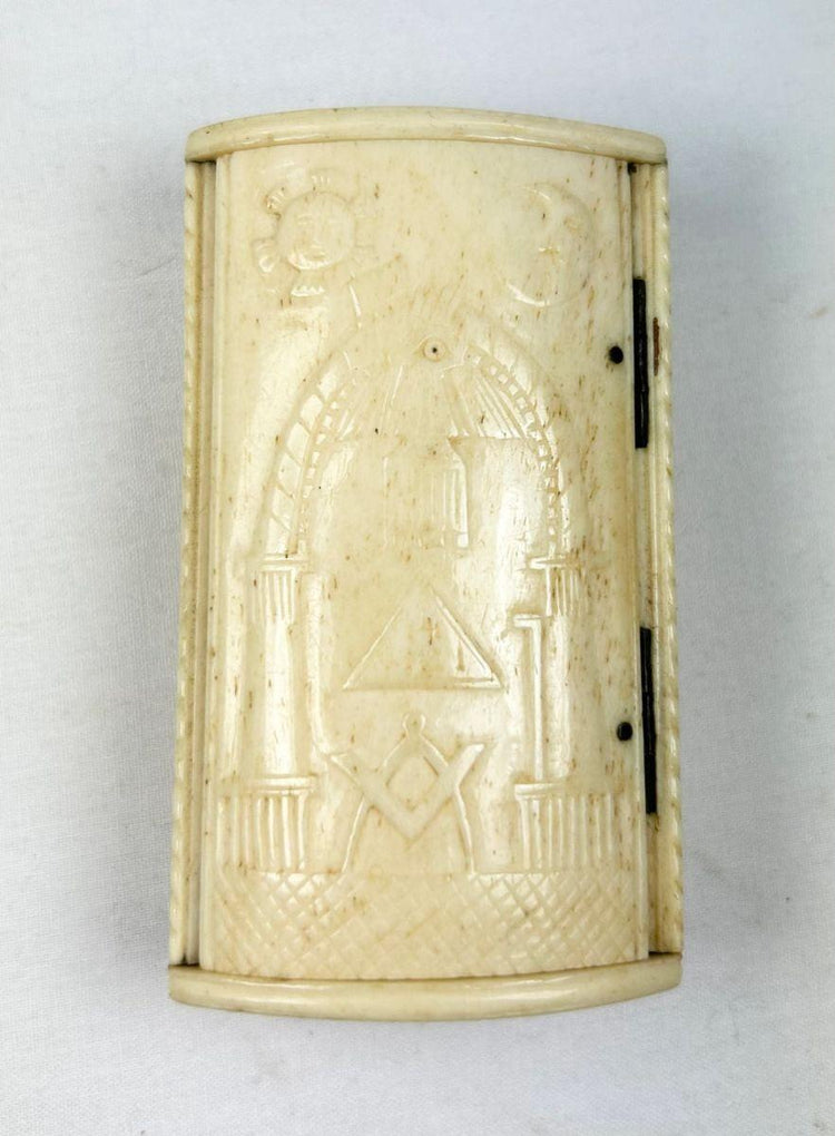 Antique Napoleonic Wars snuff box hand-carved bone with Masonic symbols