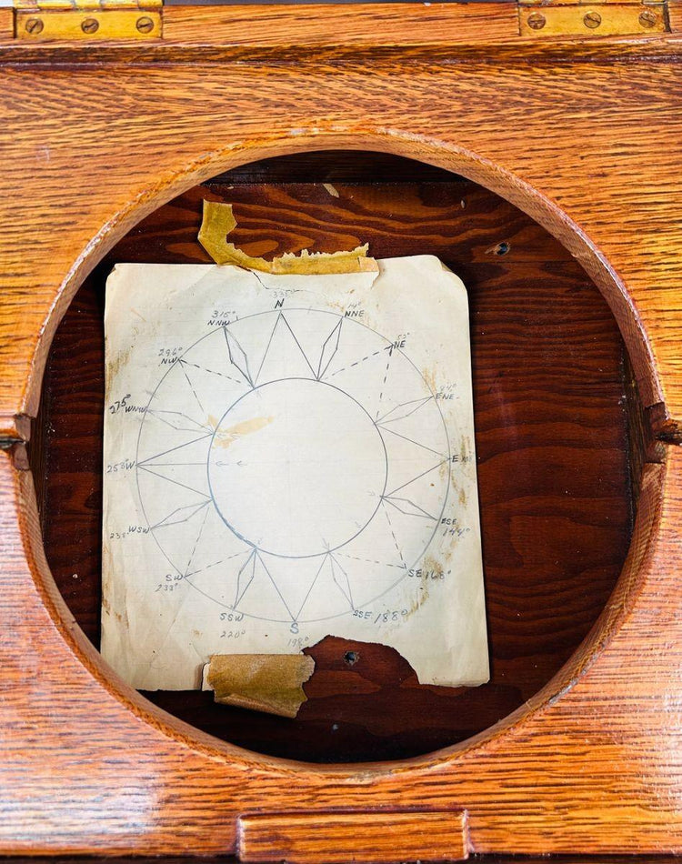 Antique oak-cased brass marine compass from Canadian yacht Argossy, circa 1925, by E.S. Ritchie.